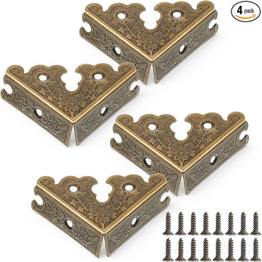 4 Pcs Decorative Corner Protectors 1.38" x 1.38" Retro Style Table Edge Guards Covers Vintage Furniture Corners with Mounting Screws Bronze Metal Bumpers for Picture Frame Jewelry Box Tables Cabinet