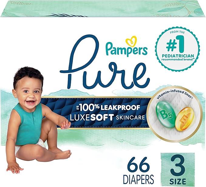 Pampers Pure Baby Diapers, Size 3 (16-28 lbs), 66, Up to 100% Leakproof, Premium Hypoallergenic Soft Diapers