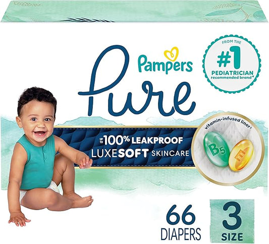 Pampers Pure Baby Diapers, Size 3 (16-28 lbs), 66, Up to 100% Leakproof, Premium Hypoallergenic Soft Diapers