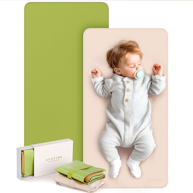 Vegan Leather Portable Changing Pad 2 Pack – Large 30"x17" Waterproof Travel Diaper Mat, Wipe-Clean & Foldable Changing Mat for Babies & Toddlers, Perfect Newborn Baby Shower Gifts (Beige & MossGreen)