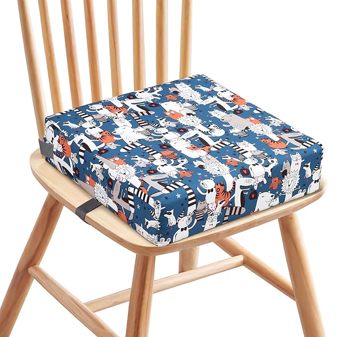 Zicac Portable Toddler Booster Seat for Dining Table, Safer Non-Slip Kids Booster Seat with Double Adjustable Straps, Washable Detachable Strong Support Increasing Cushion for Child (White Blue)