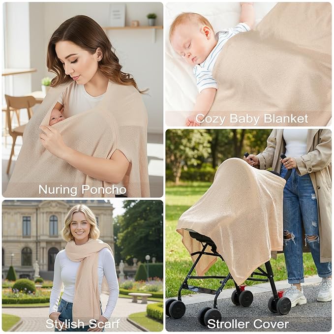 Knit Nursing Cover Up for Breastfeeding, Soft & Cozy Breastfeeding Poncho with Dual Side Slits, 360° Full Privacy Nursing Shawl with Laundry Bag, Beige