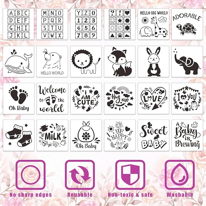 SytuHe 95 Pcs DIY Baby Bibs Decorating Kit50 White Bibs 24 Stencils 20 Fabric Markers 1 Baby Shower Game Sign