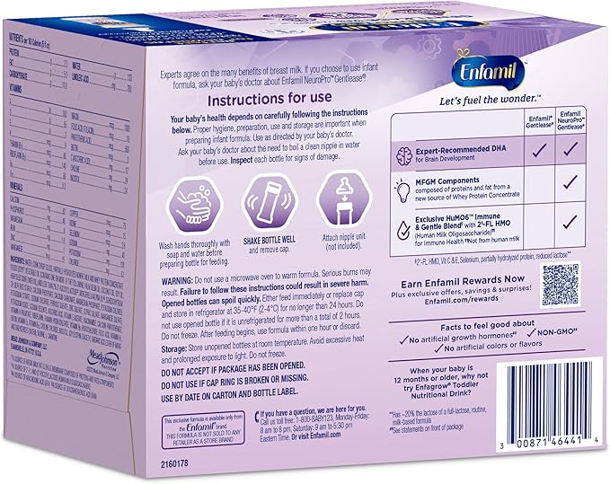 Enfamil NeuroPro Gentlease Ready-to-Feed with Smaller Proteins for Easy Digestion,Brain Supporting DHA, HuMO6* Blend, Baby Formula for easing Fussiness, Gas, Spit-up in 24hrs, 2 FL Oz, 6 count