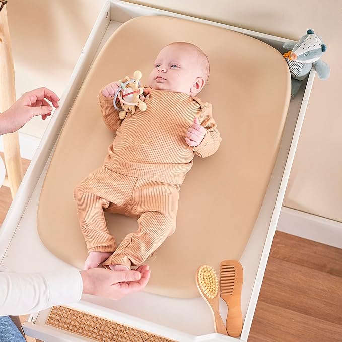 Nattou Softy Changing Pad - Wipeable Baby Changing Mat- Durable, Water-Resistant, Cocoon Shape with Honeycomb Bottom Grips BPA-Free, Assimilates Room Temperature - Beige