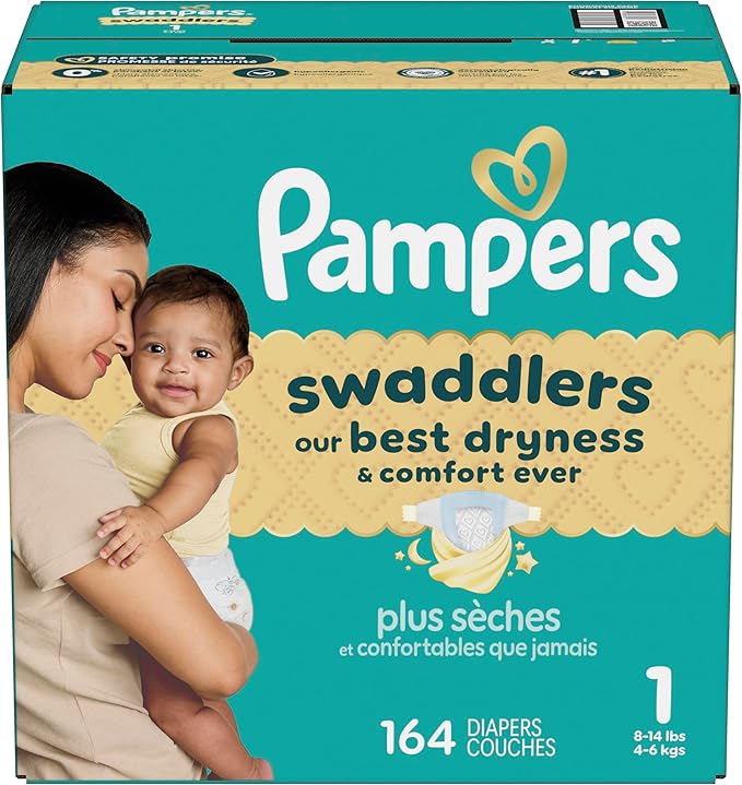Pampers Swaddlers Diapers, Size 1 (8-14 lbs), 164 Count, Absorbent, Keeps Baby Dry and Comfortable, Skin Safe Disposable Baby Diaper