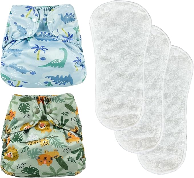 BISENKID 2 Pack Waterproof Cloth Diapers Reusable Swim Diaper - Adjustable Outer Shell with 3 Pack Absorbent Diaper Liners to Prevent Urine Blowouts for Baby Boy, Size 1 (7-17Pound)