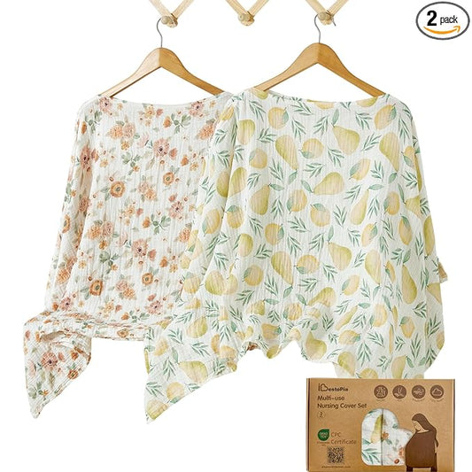 Muslin Nursing Cover for Breastfeeding – 360° Full Privacy & Comfort, Soft Breathable Cotton, Multi-Use Cover for Baby Car Seat & Stroller, Gift Box Included (Lemon-Pear Blossom)