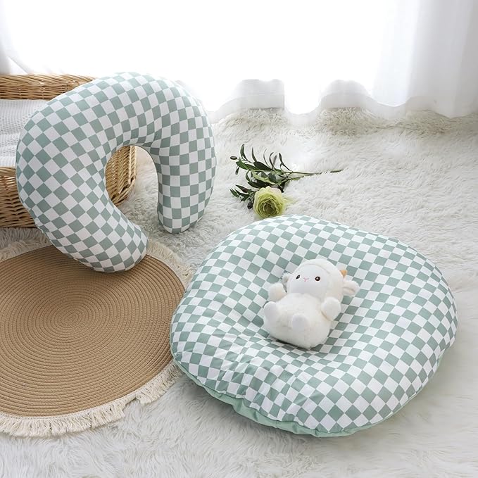 DILIMI Nursing Pillow Cover, Soft Stretchy Nursing Cover for Breastfeeding Pillow, 1 Pack Reversible Removable Slipover for Baby Boy and Girls, Green Checkered