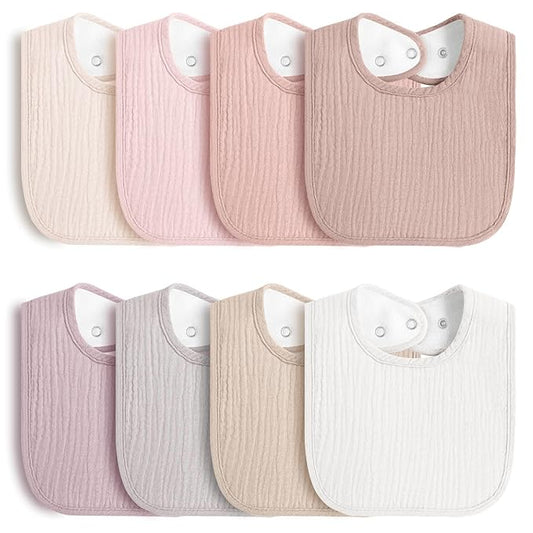 MairMore 8-Pack Baby Muslin Bibs, Soft Cotton Drool Bibs for Boys Girls, Adjustable and Absorbent Newborn Bib Set for Feeding and Drooling