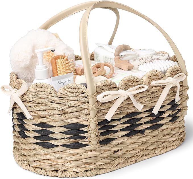 Diaper Caddy Organizer, Hand Woven Scalloped Diaper Caddy Basket Changing Table Organizer, Natural Seagrass Wicker Nursery Bakset Picnic Basket Household Organizer, Natural