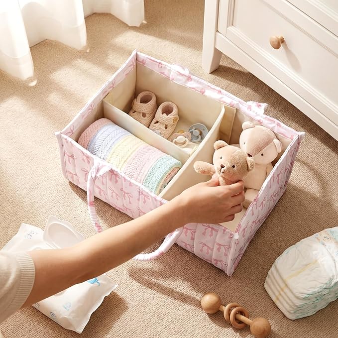 Shinylin Diaper Caddy Organizer with Pink Bow Portable Nursery Storage Basket with Handles and Removable Dividers Cute Storage Bin for Organizer Diaper Caddy Baby Wipes Baby Shower Gifts