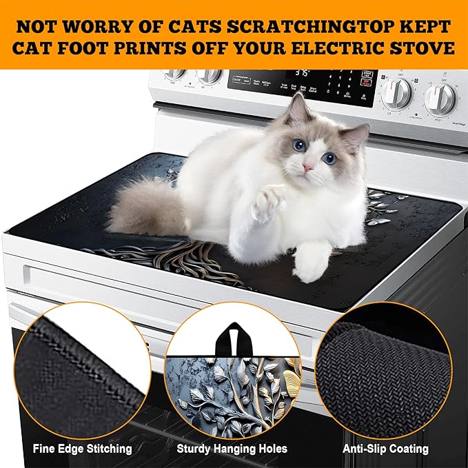 Multi-Design Stove Top Cover for Glass/Electric Stoves - 3-in-1 Heat-Resistant Protector Mat, Non-Slip Drying Rack 30"x21"(Tree of Life - Black)