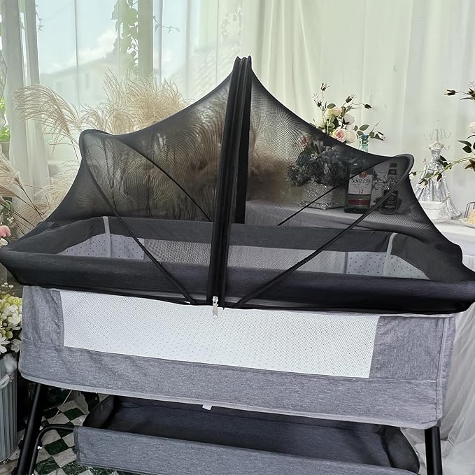 Mosquito Net for Baby Crib to Keep Insects/Bugs/Cats Out, Toddler Bassinet Bedside Sleeper Crib Tent Safety Net with Two-Way Zippers & Storage Bag, Breathable Mesh Holes, Black