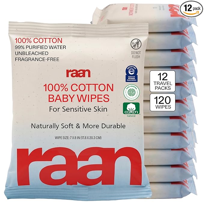 Raan, 100% Cotton TRAVEL PACK Baby & Toddler Wipes, Unbleached, 99% Purified Water, Unscented, EWG verified, Made for Sensitive Skin, Extra Soft and Durable, 12 PACK, 120 Count
