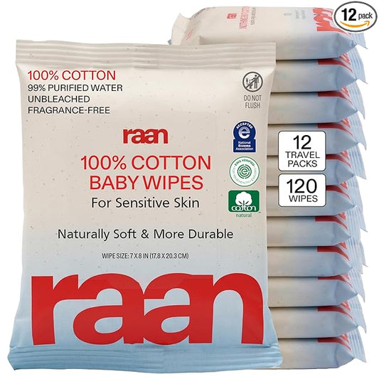 Raan, 100% Cotton TRAVEL PACK Baby & Toddler Wipes, Unbleached, 99% Purified Water, Unscented, EWG verified, Made for Sensitive Skin, Extra Soft and Durable, 12 PACK, 120 Count