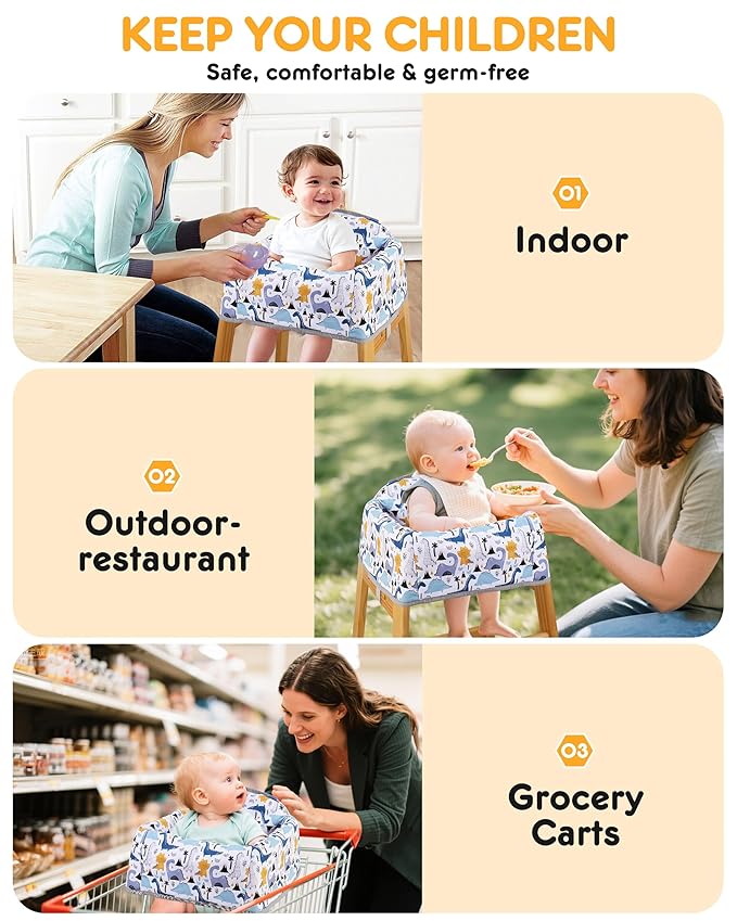 High Chair Cover Portable with 3-Point Harness, Waterproof Baby Seat Cover for Restaurant Travel Home Use, Machine Washable, Fits Wooden Chairs (Colorful Dinosaurs)