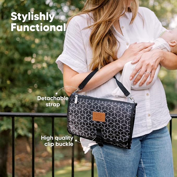 KeaBabies Portable Diaper Changing Pad, Travel, Car - Large Waterproof Baby Changing Mat, Wipeable, Padded, On The Go Travel Diaper Clutch Bag, Easy to Use Pockets for Newborn Essentials (Black Geo)