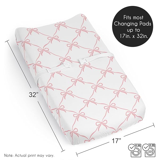 Sweet Jojo Designs Baby Changing Pad Cover Sheet (Pink Bows) for Girls, Infant/Newborn Diaper Table Change Mat Cover (Solid Blush & White Bow for Ballerina, Ballet Dancer, Princess Collection)