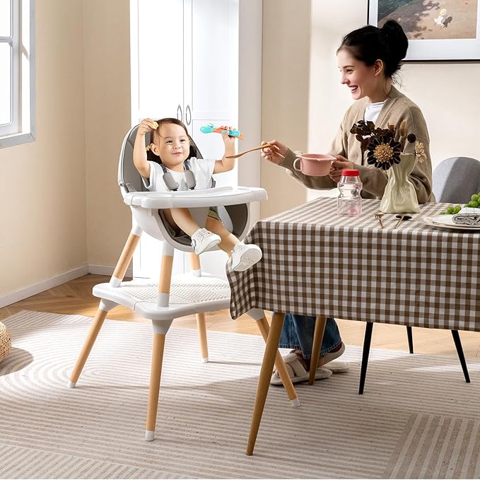 GLACER High Chair, 6-in-1 Convertible Wooden High Chairs for Babies and Toddlers w/Building Block Table, 5-Point Safety Harness, Removable Tray, PU Cushioned Baby High Chair for 6-36 Months (Grey)