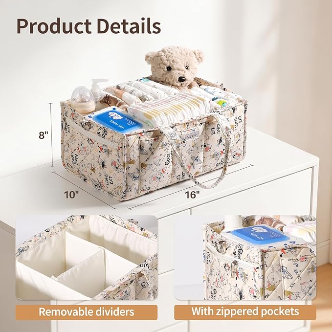 Colorful Cute Cartoon Animal Prints Baby Diaper Caddy Organizer, Diaper Bag Storage Basket for Newborn Essentials Must Haves Baby Shower Gifts, Colorful Large