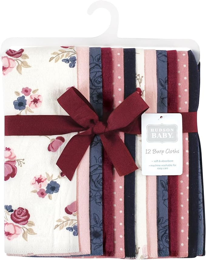 Hudson Baby Unisex Baby Cotton Flannel Burp Cloths Bundle, Dusty Rose Floral, One Size