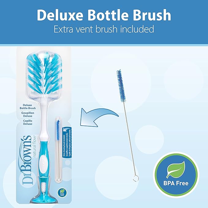 Dr. Brown's Deluxe Bottle Brush for Cleaning Baby Bottles, Nipples, and Sippy Cups with Suction Cup Stand and Vent Brush, BPA-Free, Blue, 3-Pack