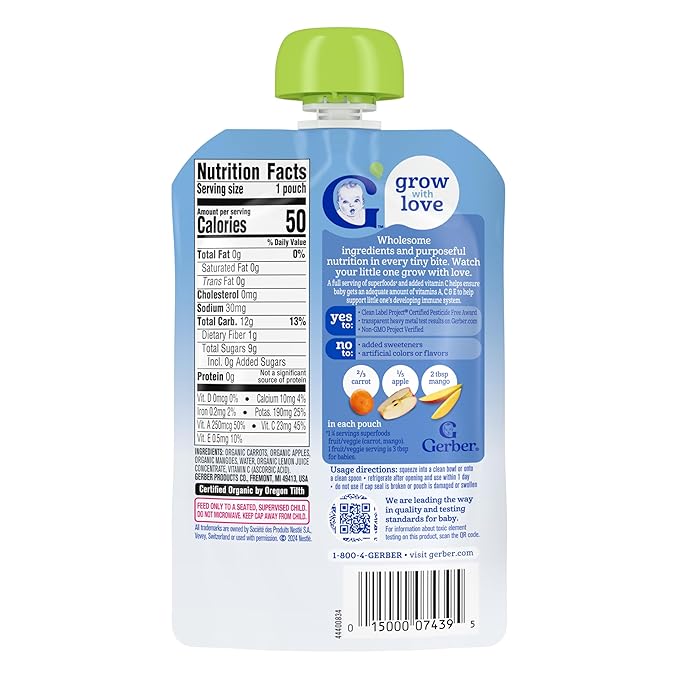 Gerber Stage 2 Baby Food, Organic Carrot Apple Mango, Baby Food Pouches, Puree, 12PK