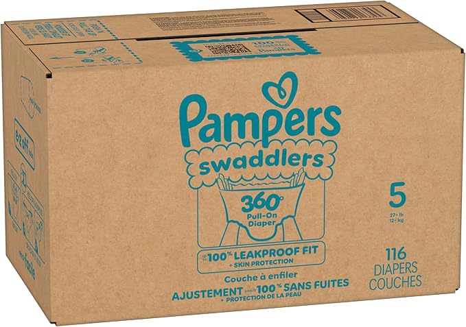 Pampers Diapers - Swaddlers 360° - Size 5, 116 Count, up to 100% Leakproof Comfy Dry Fit, Designed for Easy Changes, Pull On Baby Diaper (Packaging May Vary)