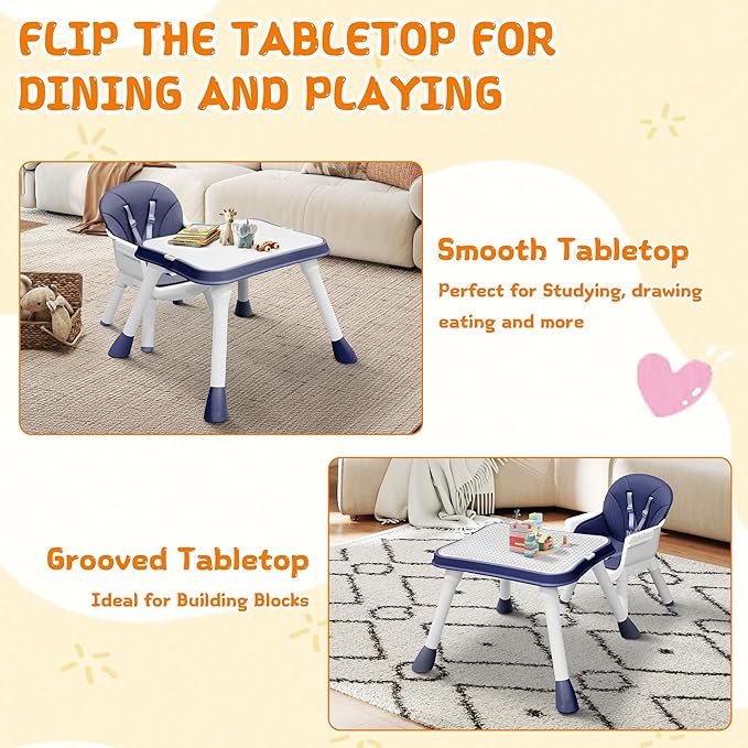High Chairs for Babies and Toddlers, 5-in-1 Convertible Baby High Chair to Booster Seat with Removable Tray, Kids Learning and Building Block Activity Table with Safety Harness, Blue