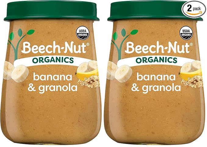 Beech-Nut Organic Baby Food Jars, Organic Banana & Granola Puree, Stage 2 Baby Food for Babies 6 Months and Up, Non-GMO, 4oz Glass Jars, 10ct (Pack of 2)