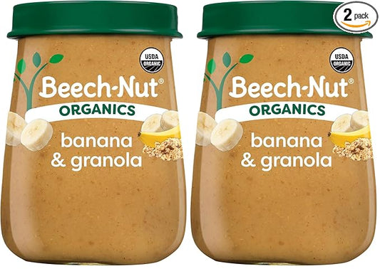 Beech-Nut Organic Baby Food Jars, Organic Banana & Granola Puree, Stage 2 Baby Food for Babies 6 Months and Up, Non-GMO, 4oz Glass Jars, 10ct (Pack of 2)