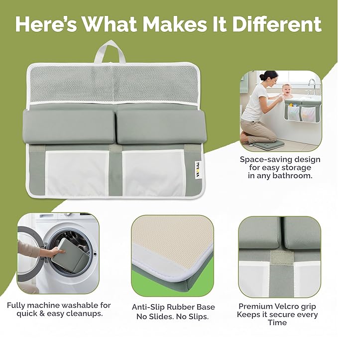 Wobbi Baby Bath Kneeler and Elbow Rest Pad Set - 1.5" Thick Memory Foam Knee Pad for Bathing Babies - 6 Suction Cups Non Slip Bath Kneeling pad with Toy Storage - Foldable & Quick Drying (Green)