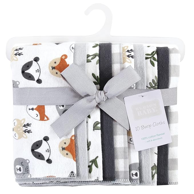 Hudson Baby Unisex Baby Cotton Flannel Burp Cloths, Woodland Faces, One Size