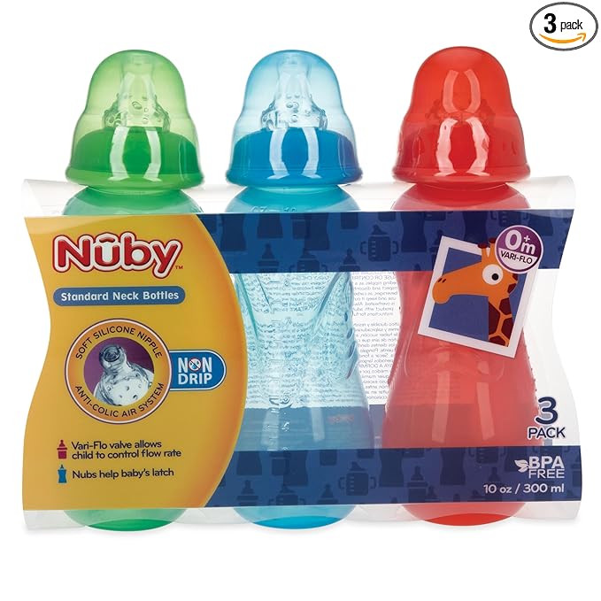 Nuby Non-Drip Standard Neck Bottles, 10 Ounce, Neutral