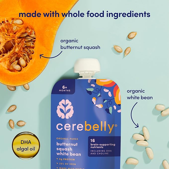 Cerebelly Organic Baby Food Pouches, Butternut Squash White Bean Purees, 16 Nutrients, No Added Sugar, Fiber & Non-GMO, 4oz, 6 Pack