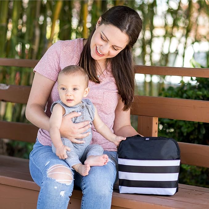 J.L. Childress MaxiCOOL Breast Milk Cooler Travel Bag- Insulated Baby Bottle Storage Bag, Portable Organizer Pack for Moms, Includes Ice Pack for Food & Breast Milk, Fits 4 Bottles- Black/White Stripe
