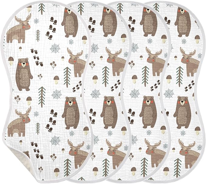 Bear Moose Forest Tree Mushroom Muslin Burp Cloths for Baby 4 Pack 100% Cotton Baby Washcloths Bibs for Boy Girl