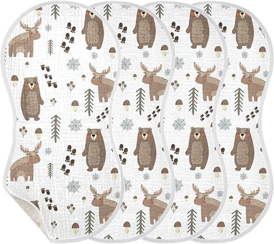 Bear Moose Forest Tree Mushroom Muslin Burp Cloths for Baby 4 Pack 100% Cotton Baby Washcloths Bibs for Boy Girl