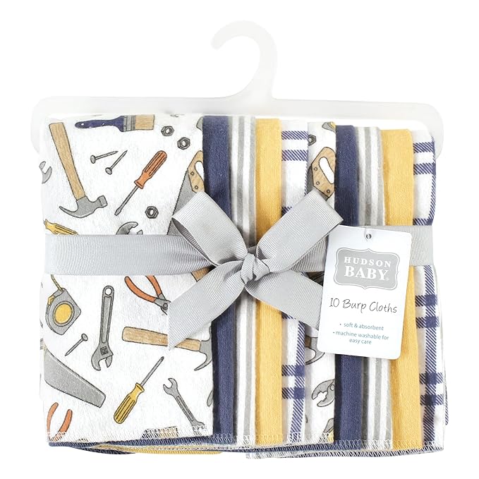 Hudson Baby Unisex Baby Cotton Flannel Burp Cloths, Construction Work 10-Pack, One Size