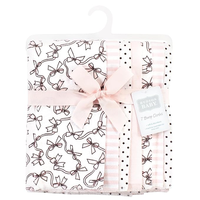 Hudson Baby Unisex Baby Cotton Flannel Burp Cloths, Pink Bows 7 Pack, One Size