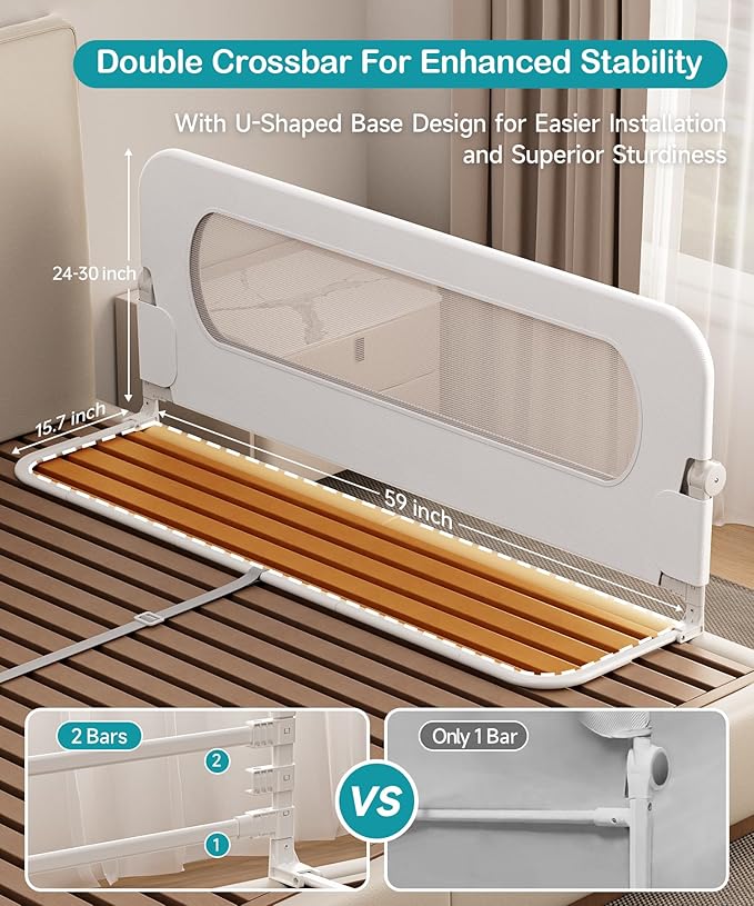 Bed Rail for Toddlers, Baby Bed Rail Guard with U-Shape Base, Height Adjustable & Foldable Toddler Bed Rails for Full Size, Queen, King, Twin (White, 33in)