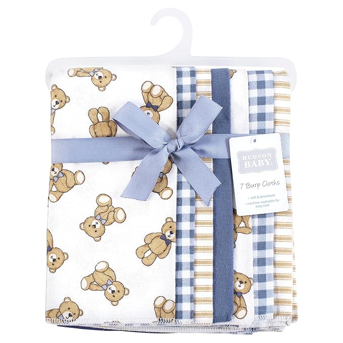 Hudson Baby Unisex Baby Flannel Burp Cloth 7pk, Gentleman Bear, One Size
