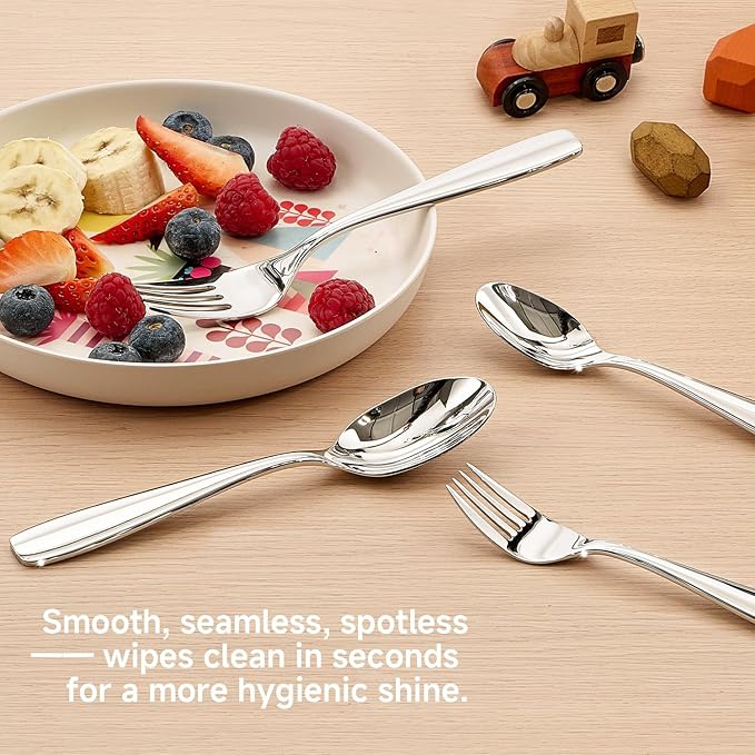 KINGSTONE Toddler & Kids Utensils Set - Large + Small 18/10 Stainless Steel Fork & Spoon, 4-Piece Food-Grade Kids Transition Silverware, Mirror Polished, Dishwasher Safe for Home & School