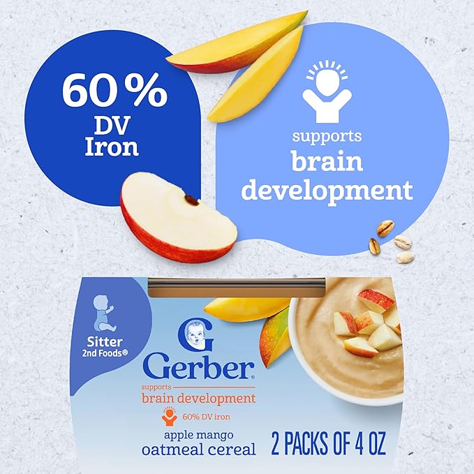 Gerber Stage 2 Baby Food, Apple Mango Oatmeal Cereal Puree Tubs, Baby Cereal, 16PK