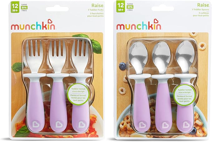 Munchkin® Raise™ Toddler Fork and Spoon Utensil Set, Rest Keeps Tip Off Table, BPA Free, 6 Pack, Purple