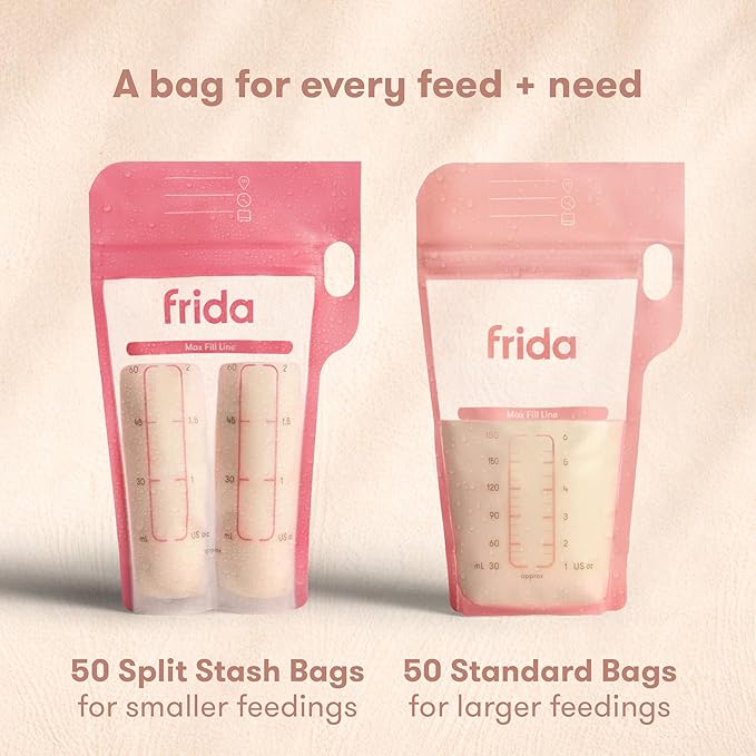 Frida Mom Breastmilk Storage Bags, 100ct Variety Pack, Standard & Splitstash Freeze & Thaw Milk Bags for Breastmilk, Leakproof Seal, Perfect Pour Spout, Precise Portions, No Slip Finger Grip, BPA Free
