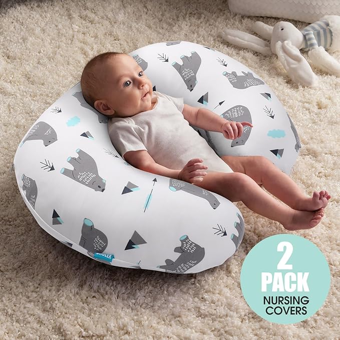 BROLEX Baby Nursing Pillow Covers: 2-Pack Soft Slipcovers for Breastfeeding Pillows - Comfortable Fabric, Fits Standard Nursing Pillows for Boys & Girls - Owl Bear