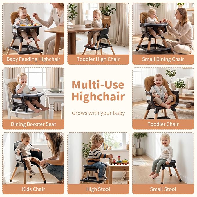 BABY JOY 8-in-1 High Chair, Convertible Wooden Highchairs for Babies and Toddlers | Dining Booster Seat | Toddler Stool, Double Removable Tray, 5-Point Safety Harness & Waterproof PU Cushion (Coffee)