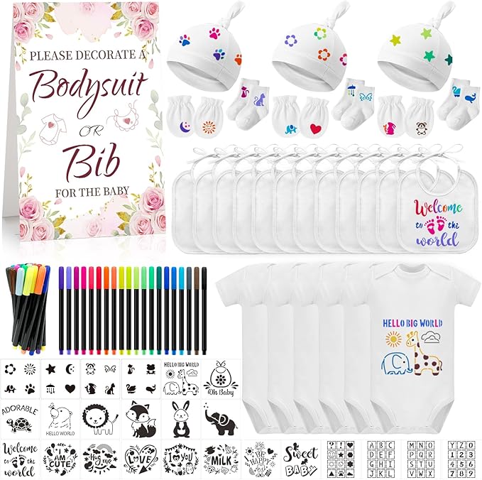 78PCS Baby Bib Bodysuit Baby Shower Set Baby Shower Game Sign Baby Feede Bib Newborn Bodysuit Fabric Marker